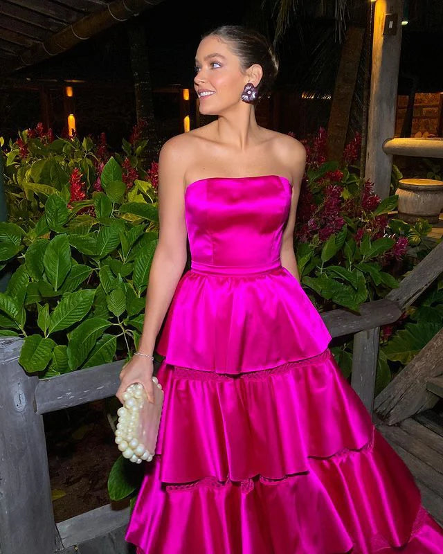 Luolandi Elegant Strapless A-Line Satin Layers Long Prom Dress Charming Evening Party Dress
